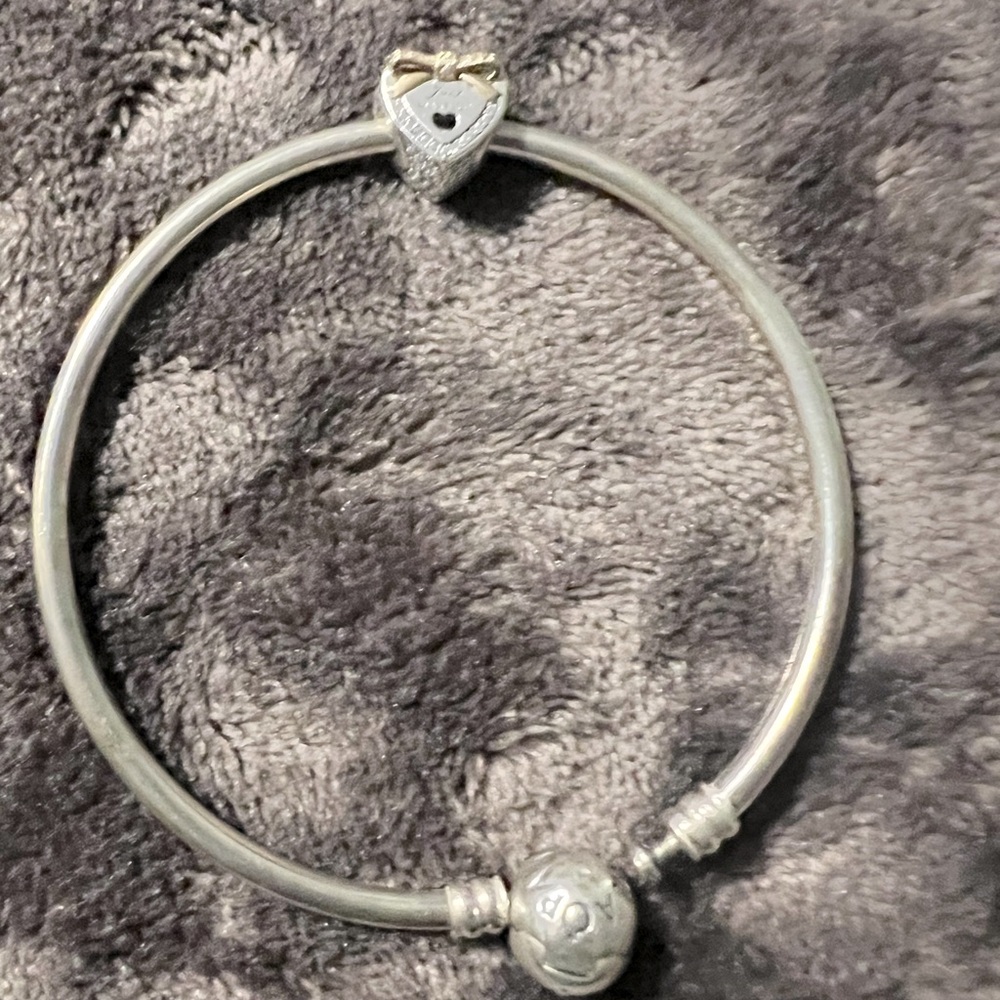 Authentic Pandora Bracelet w/ Retired Just Married Two Tone Heart Charm